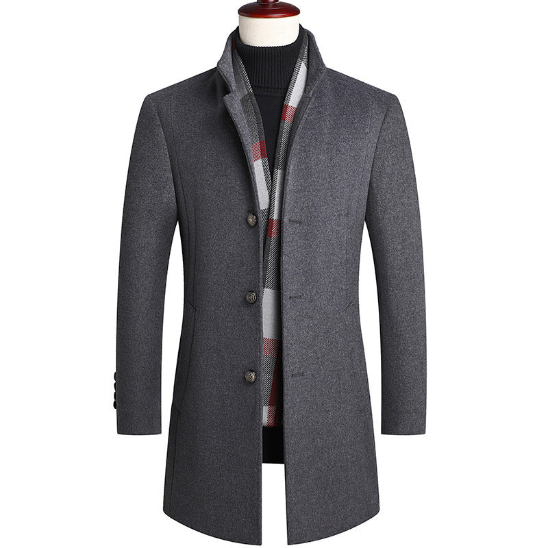 Men's Classic Thicken Slim Fit Wool Coat With Scarf