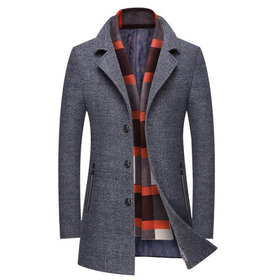 Classic Business Wool Pea Coat With Scarf