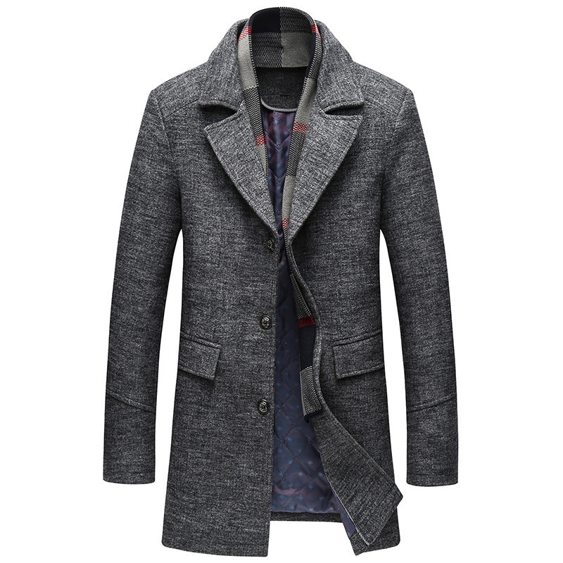 Men's Business Casual Slim Fit Scarf Wool Coat